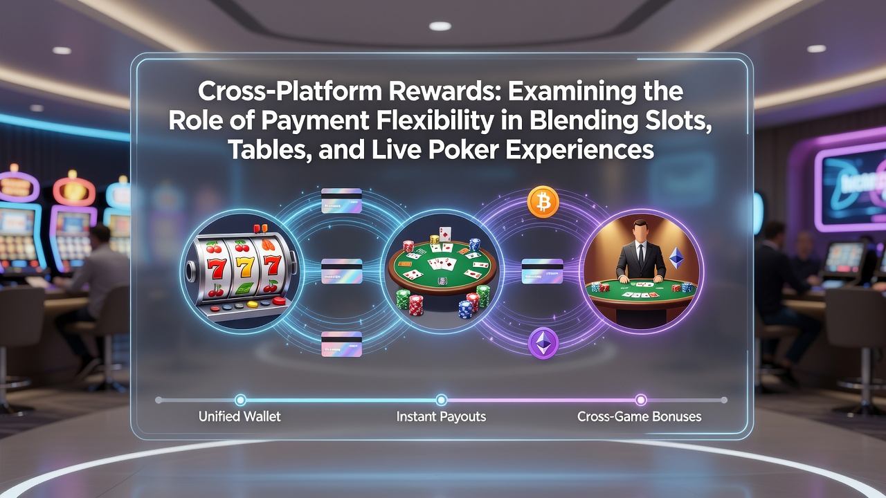 Cross-platform casino interface showing slots, table games, and live poker with unified reward points display
