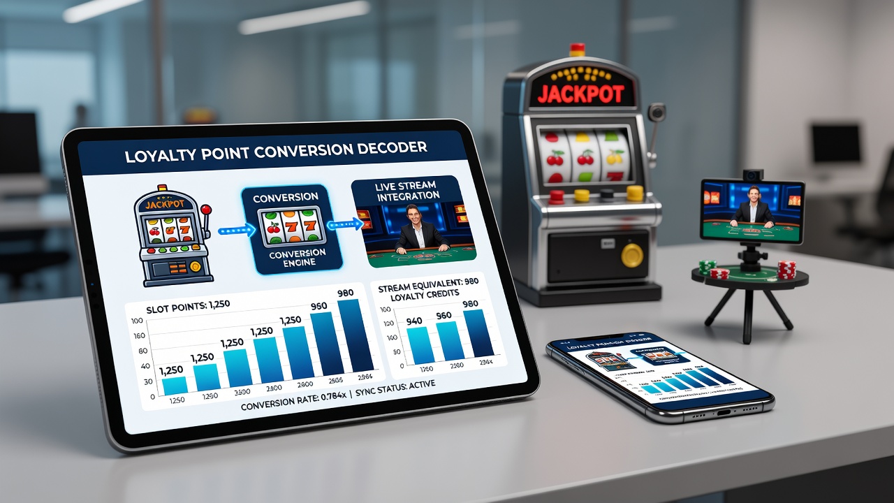 Close-up of loyalty dashboard showing point conversion options between slots and live casino on a tablet
