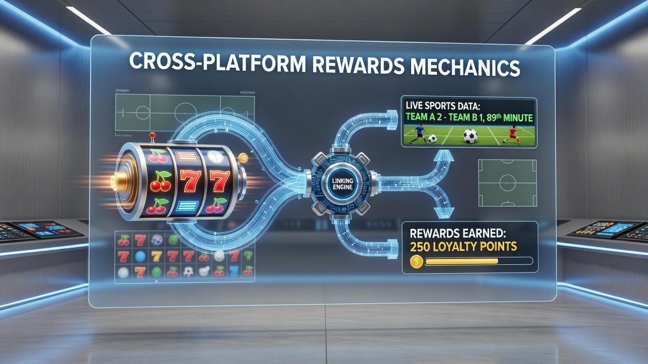 Diagram showing data flow between slot machines and sports betting interfaces in integrated reward systems