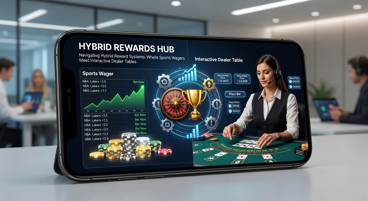 Split-screen mobile view of a user placing a live sports wager while participating in an interactive poker dealer table with reward balance overlay