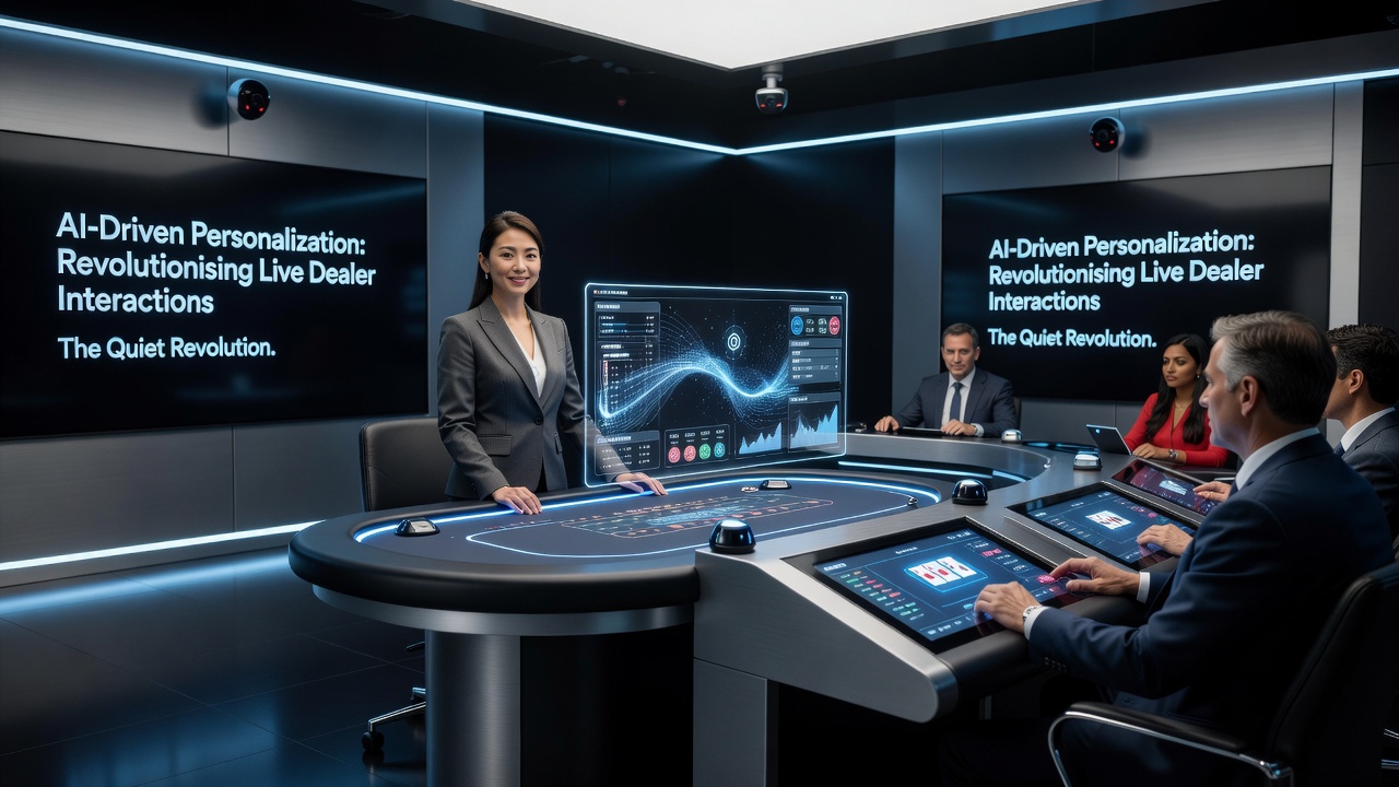 Dealer receiving AI-generated cues on a private monitor while players experience customized table views