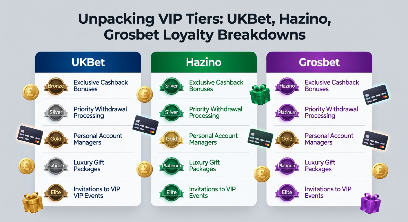 Comparative chart of cashback rates and tier requirements across UKBet, Hazino, and Grosbet VIP programs, with icons for exclusive perks